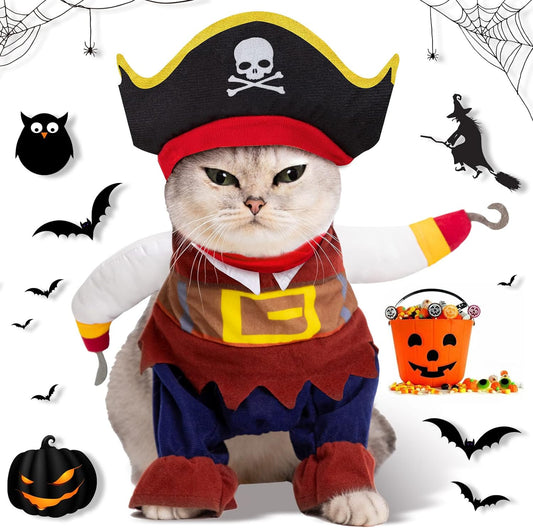 Funny Cat Pirate Costumes - Caribbean Style Pet Dressing up Cosplay Party Costume with Hat Small to Medium Dogs Cats Kitty Cute Fashion Prop Apparel for Halloween Christmas Party Accessories (S)