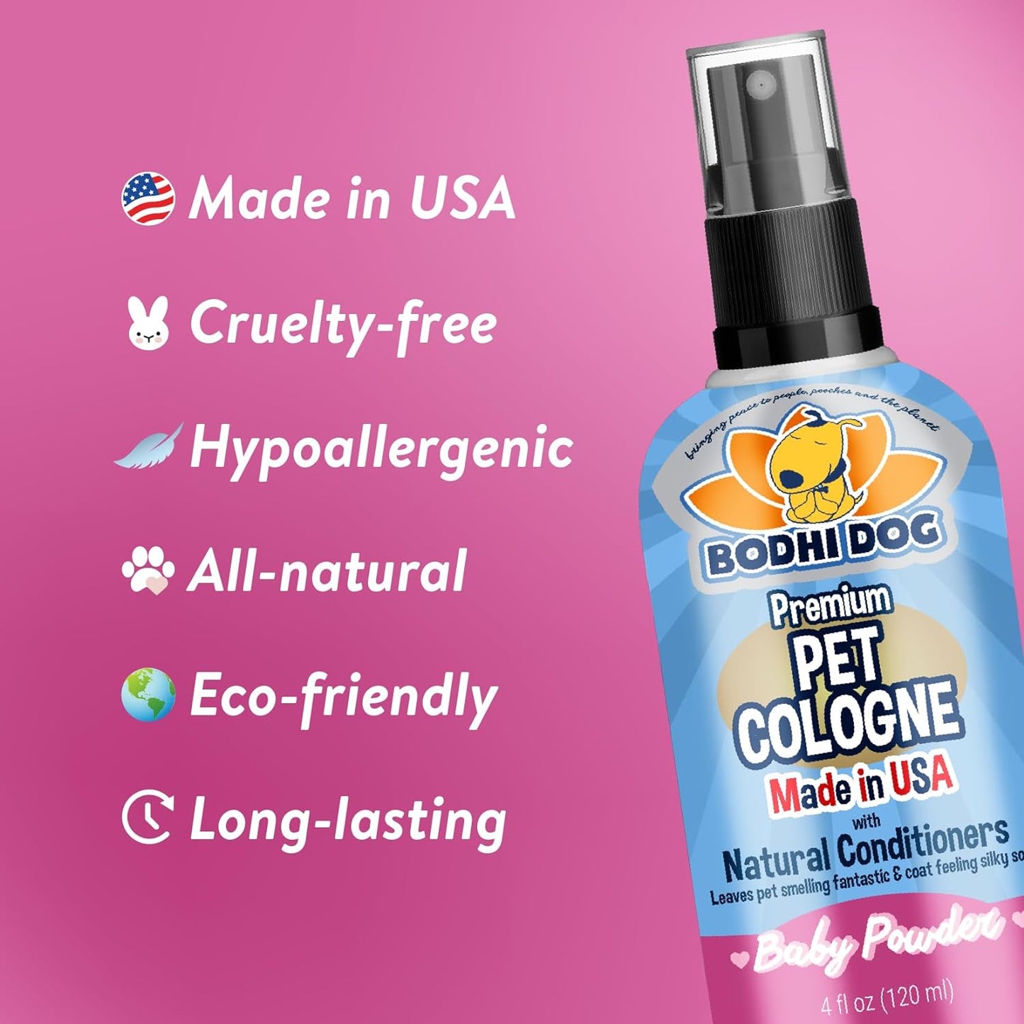 Natural Dog Cologne | Premium Scented Deodorizing Body Spray for Dogs & Cats | Neutralizes Strong Odors with Natural Dog Conditioner | Made in USA (Baby Powder, 4 Fl Oz)